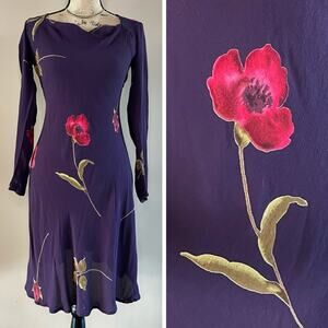 Vintage Y2K 90s Purple Floral 3/4 Sleeve Knee Length Dress